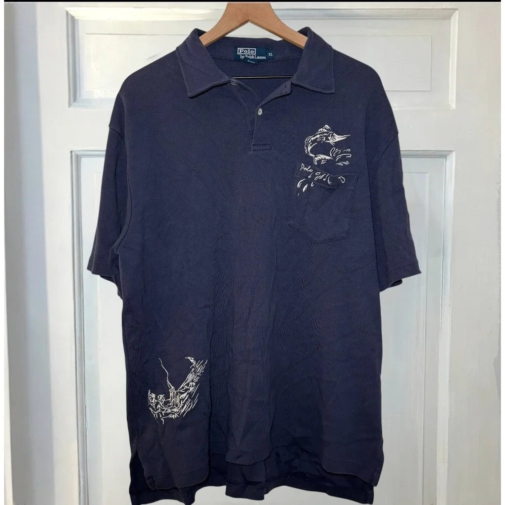Polo Ralph Embroidered Marlin Fishing Pique Polo Mens Xl Navy Blue VTG